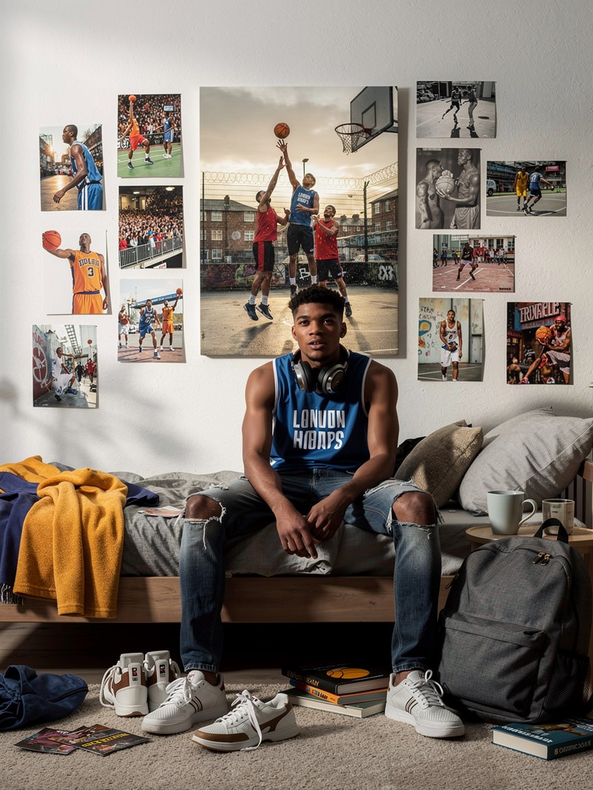 A young man sits on his bed in a room decorated with a large canvas print of a basketball tip-off and several smaller action shots of basketball players.