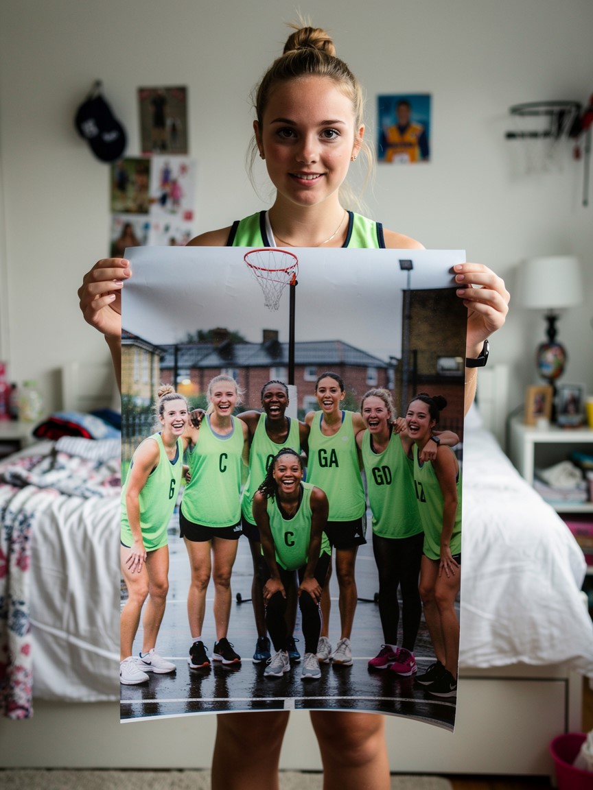 A young woman in a dorm room holds up a large custom poster of her netball team in bright green jerseys, smiling together on a rainy outdoor court.