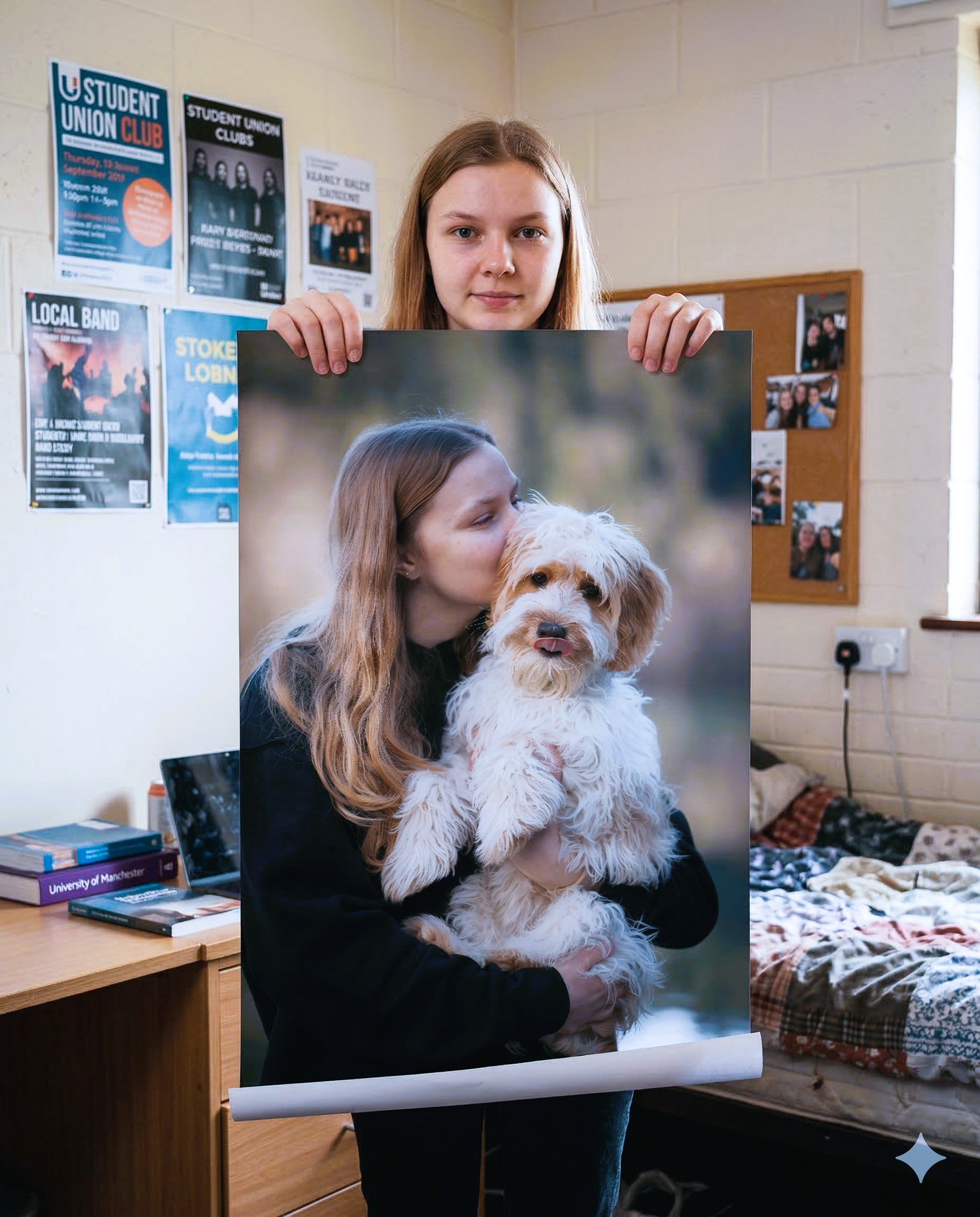A young woman in a student residence holds a large vertical poster of herself kissing a fluffy white and brown dog.
