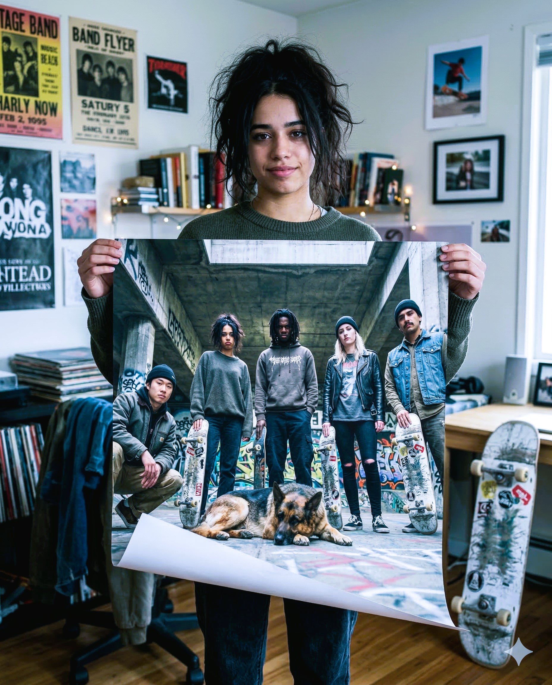 A young woman stands in a room filled with music posters, holding a large print of five friends with skateboards and a German Shepherd posing at a skatepark.