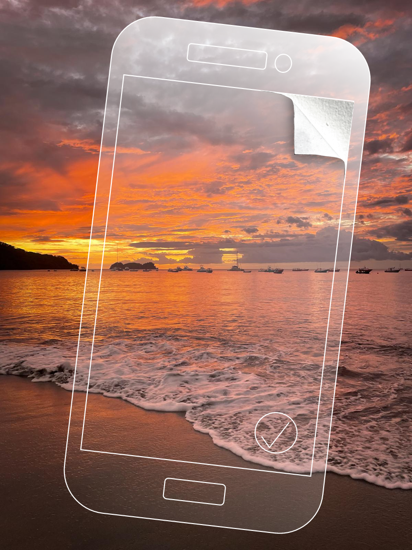Vivid beach sunset with phone overlay and peeling corner effect