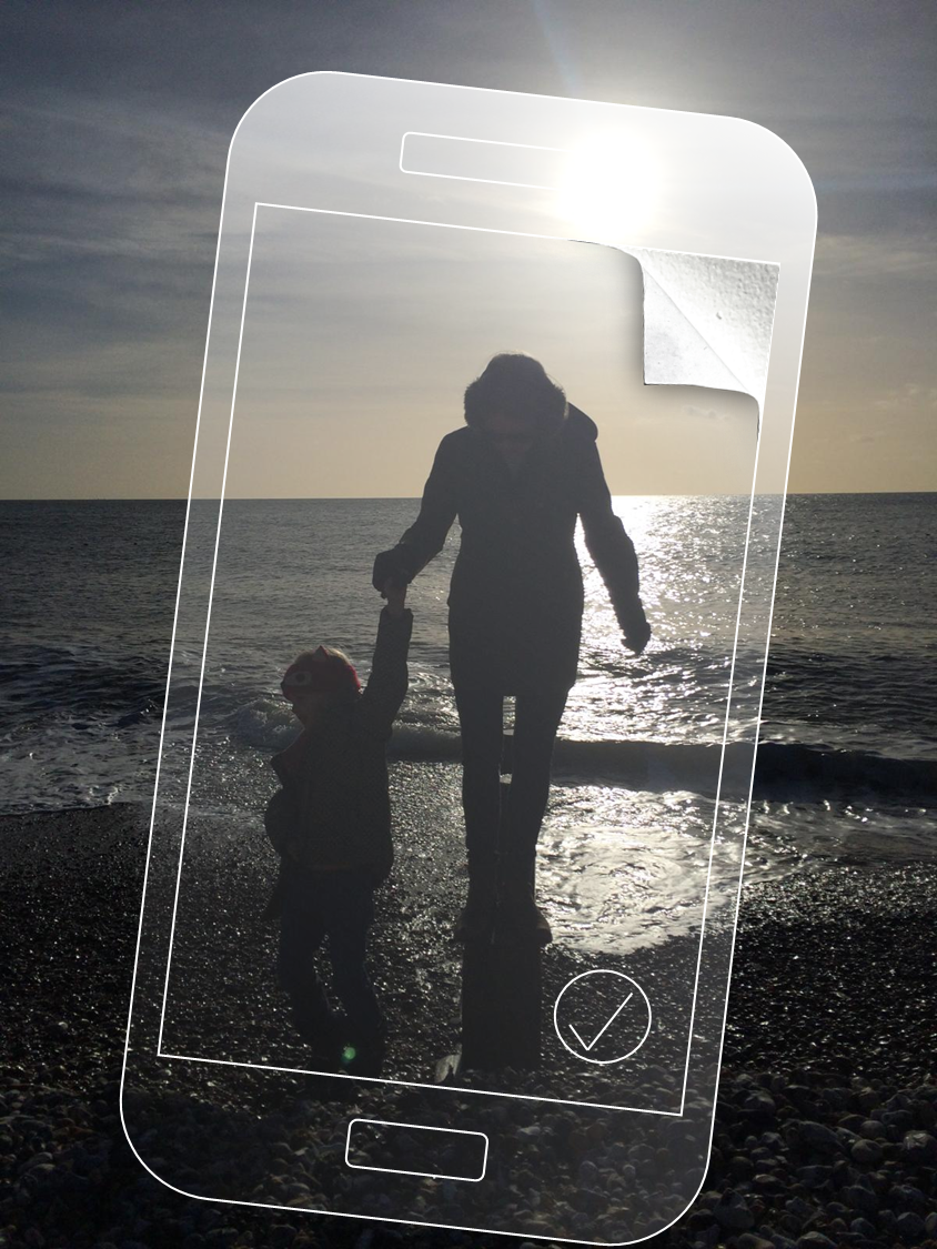 Parent and child walking on a beach at sunset with phone overlay and peeling corner effect