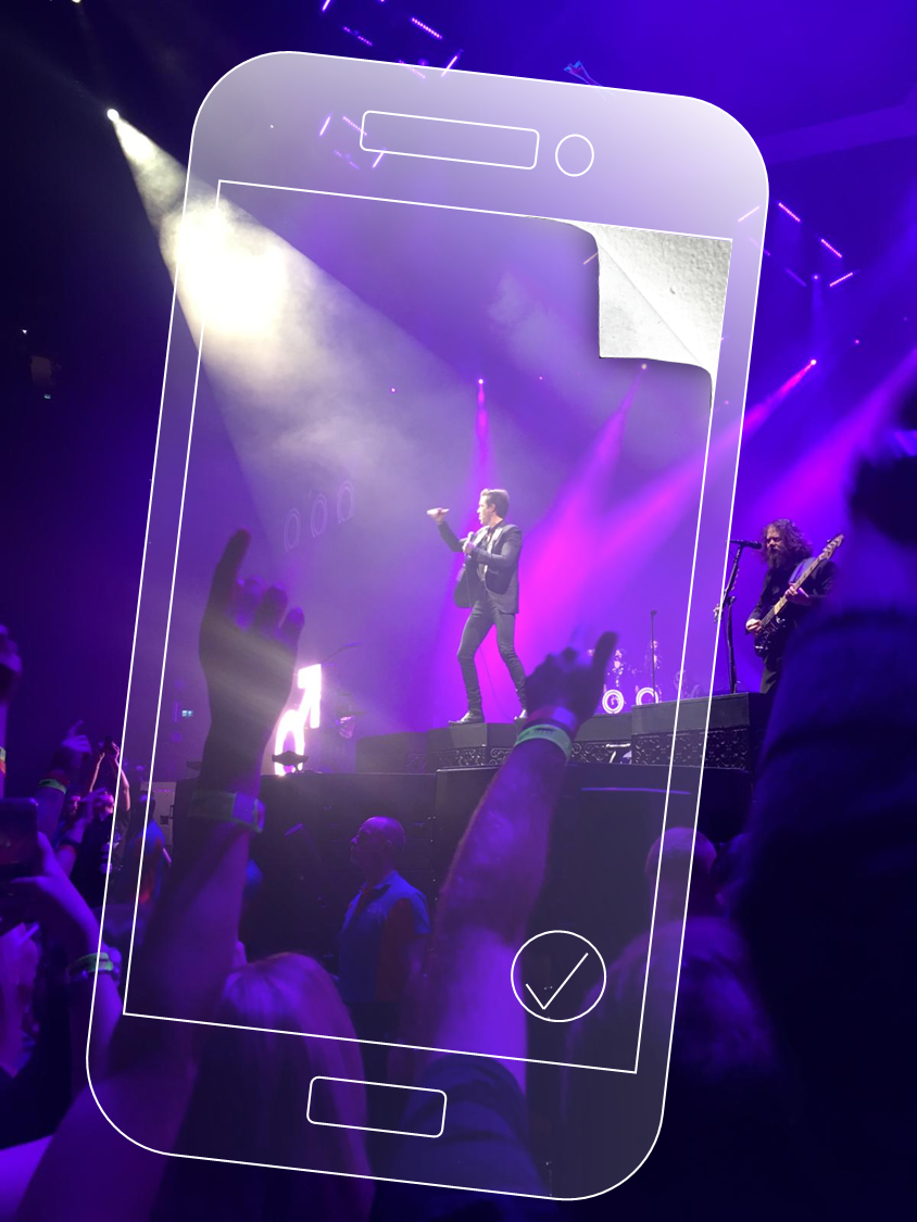 Concert stage with purple lights and performer with phone overlay and peeling corner effect