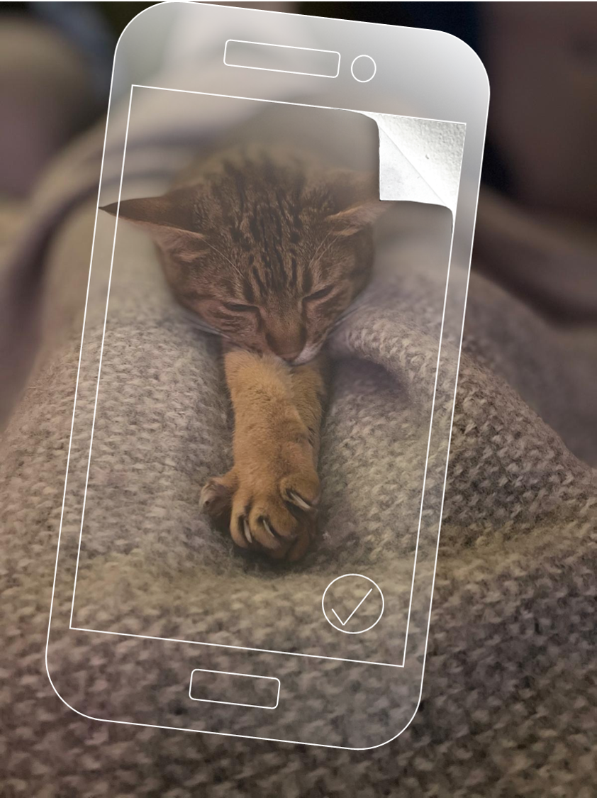 Sleeping kitten stretching its paw with phone overlay and peeling corner effect