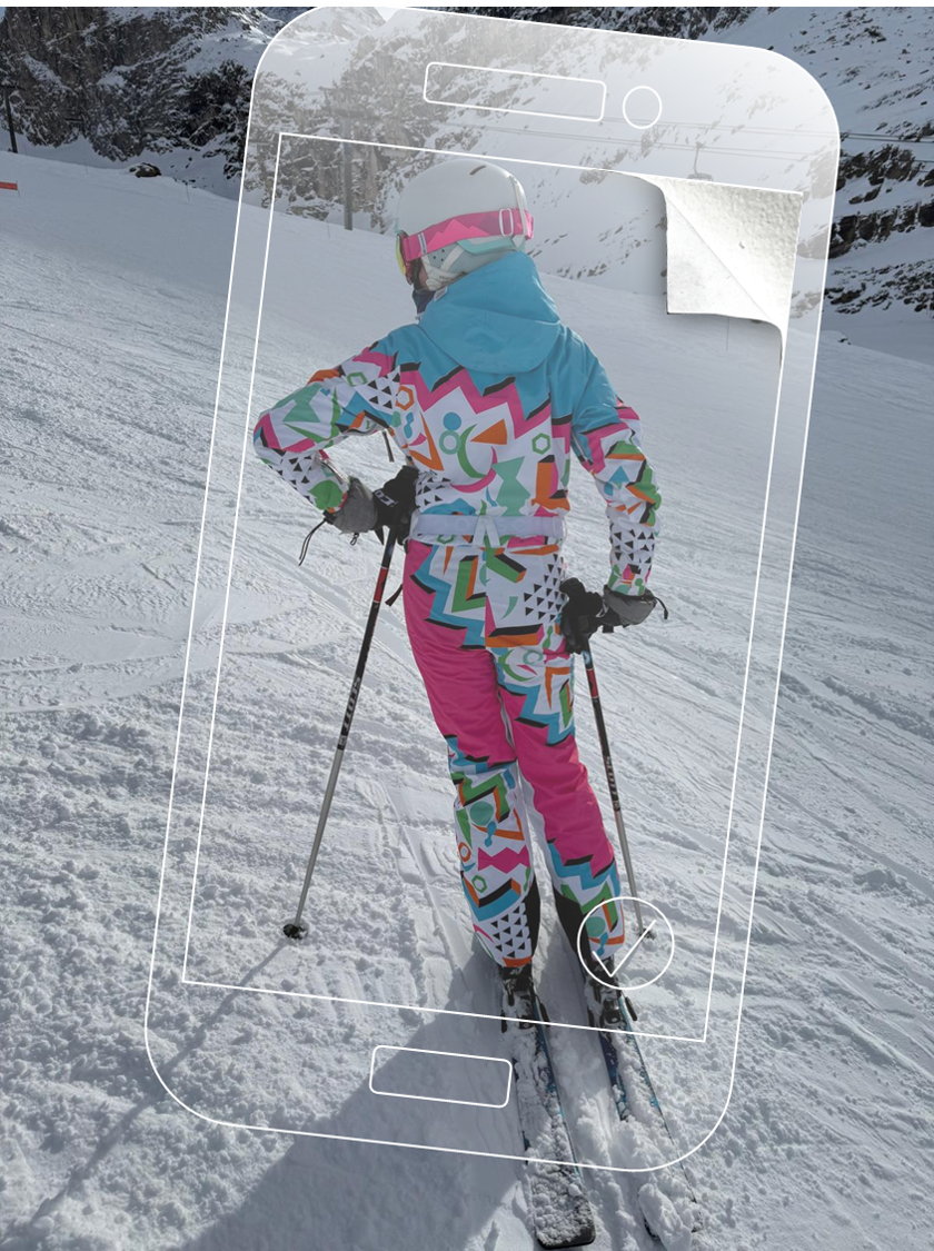 Child skiing in colourful gear with phone overlay and peeling corner effect
